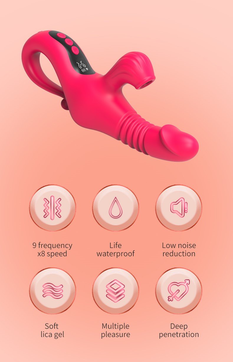 Red Ribbed thrusting Silicone Dildo With Cilt Sucker Vibrator - Image 5